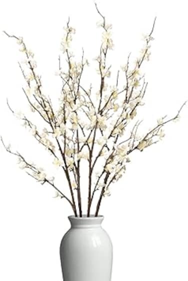 Ammyoo 4 PCS Artificial Plum Blossom Party Decorations Fake Cherry Flowers Faux Long Stems Wintersweets Silk Flowers Arrangement for Wedding Home Office Bedroom Decor(White)
