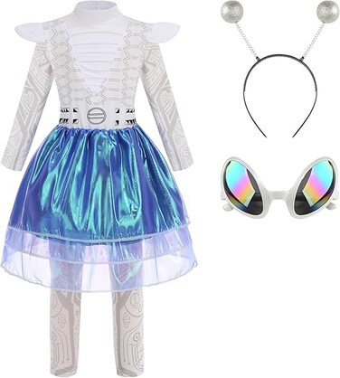 Girls Alien Costume Robot Outfit Sparkly Dress with Headband Boppers Antenna with Alien Glasses Halloween Cosplay