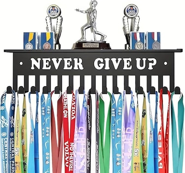 Medal Hanger Display with Trophy Shelf, Metal Awards Rack for Walls, Medal Holder Display Hanger with 15 Steel Hooks, Holds 64+ Sports Medals