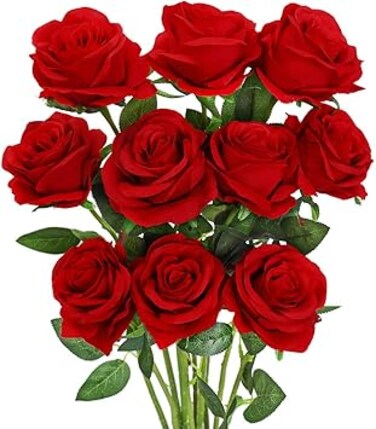 Luyue 10 Pack Artificial Red Rose Flower Fake Silk Roses with Stem Flowers Bouquet Wedding Party Home Decor(Red)