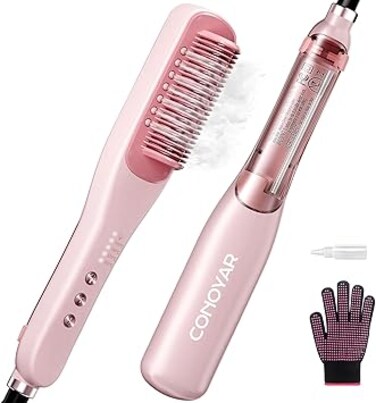 CONOYAR Steam Hair Straightener Brush, 3 in 1 Straightening Brush with 4 Temperature Adjust, Anti Scald Ceramic Straightening Comb Fast Heating for Home, Reduces Damage, Nourishes Hair, Pink