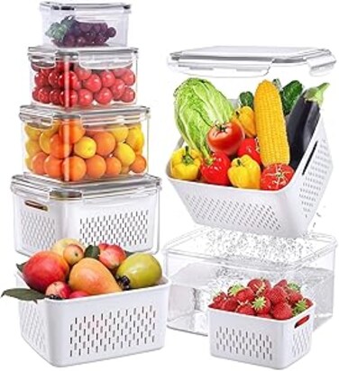 5Pcs Food Storage Containers,Fruit-Storage-Containers,Fridge Organizer with Removable Draining Colanders and Lid,Leakproof Fridge Organizer for Vegetables Salad Berry Meat Keep Fresh (Rectangle-5pcs)