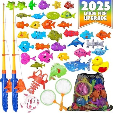 Magnetic Fishing Toys Game Set for Kids   Water Table Bathtub Kiddie Pool Party &amp; Pole Rod Net, Plastic Floating Fish Toddler Color Ocean Sea Animals Birthday Age 3 4 5 6 Year