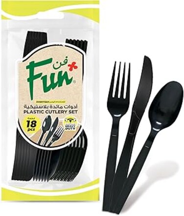 Fun Heavy-Duty Black Cutlery Set Spoons Knives Forks set Disposable Cutlery Set Plastic Cutlery Disposable Spoons Disposable Fork Plastic Spoon Heavy Duty Plastic Utensils (Pack of 18)