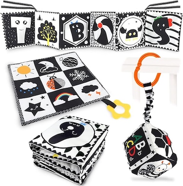 3 Pcs Black and White High Contrast Baby Toys, Newborn to 3 Months, Montessori Sensory Soft Book for Early Education, Infant Tummy Time Toys, Baby Gifts