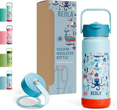 BEOLA 550ml Kids Water Bottle 18/8 Stainless Steel Double Wall Insulated Thermos Bottle with Straw Lid and Wide Mouth, Hot Cold Liquids Sports School Bottle (19oz, Sea Vibes)