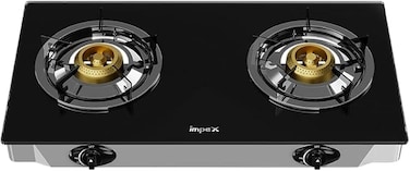 2 Burner Glass Top Gas Stove, Auto Ignition, Toughened Glass, ErgonomicKnobs, StainlessSteel Spill Base, EnamelCoated PanSupport, Blue Flame Efficiency, Water Tray, L-Shape Inlet Pipe IGS 1214F