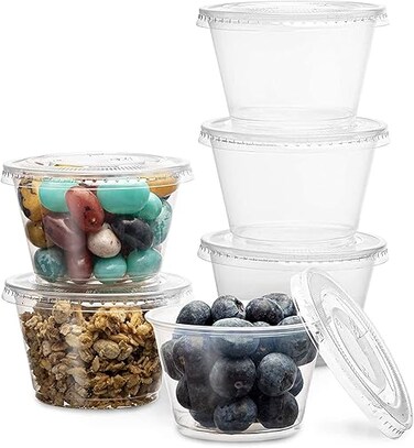 [100 Pack] 4oz. Clear Plastic Disposable Portion Cups with Lids- Available in 1oz, 2oz- Sampling Cups, Portion Control Cups, Slime Container