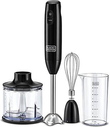 Hand Blender, 600W, 600ml Chopping Bowl, 500ml Beaker, Stainless Steel Blades, Dual Speed, 3-in-1 Functionality, Anti-Slip, Perfect for Blending, Chopping, Whisking, Black - HB600-B5