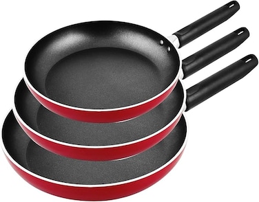 Aluminum Non- Stick Fry Pan Set, 3 Pieces, Red
