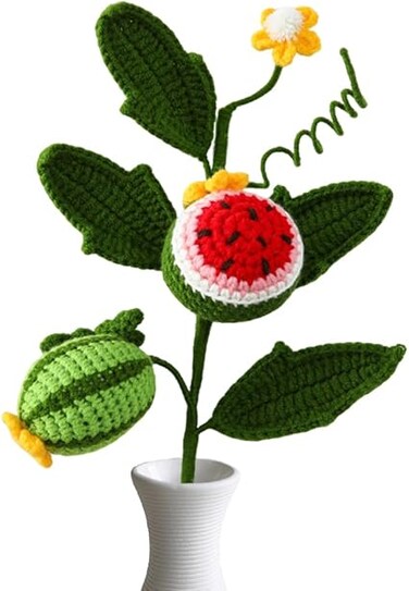 Magicherry Knitting Crochet Fruits Bouquet Hand-Woven Watermelon Branch with Stem Artificial Fruit Bouquet for Home Table Vase Decor,Watermelon