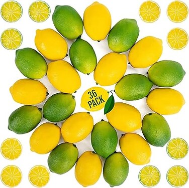 DELFINO Fake Lemons Limes and Slices Set, Decorative Faux Citrus Fruits - Artificial Decorations, for Home Kitchen Table Office, Weddings Table Centerpiece Party Lemon Tree Decor Theme, Pack of 36