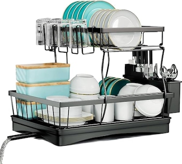 Tzmovqix Dish Drying Rack，2 Tier Dish Racks for Kitchen Counter, Stainless Steel Kitchen Dish Drying stand,Detachable Capacity Dish Drainer Organizer with Utensil Holder, Drain Board,Black