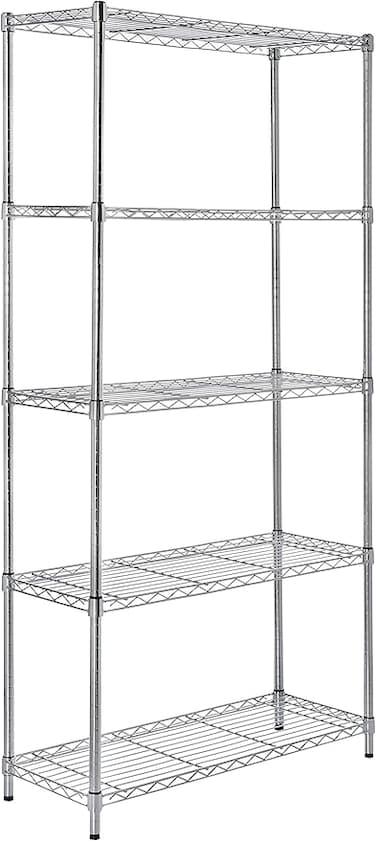 Amazon Basics 5-Shelf Storage Unit With Height Adjustable Shelves and Levelling Feet, 680 kg Max Weight, Chrome, 35.5 cm D x 91.4 cm W x 182.8 cm H