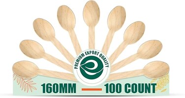 [160mm, 100 Pack] Disposable Spoons   Wooden Dining Flatware   Ideal for Kids Birthday, Wedding &amp; Party