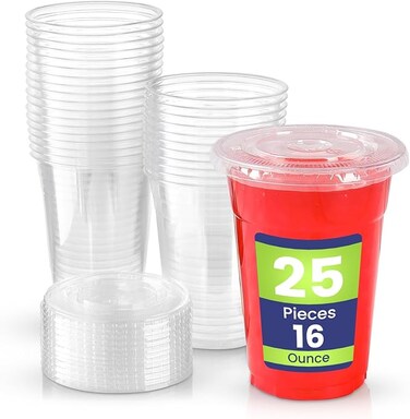 Packing Juice Cup, 16Oz, Clear Lid Strong Disposable, 25 Pieces