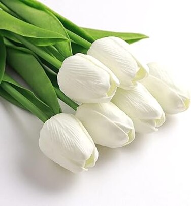 AMERTEER Fake Tulips, 10 Pcs Artificial Flowers, Faux White Tulips, PU Real Touch Tulips for Wedding Party Home Decoration (White)