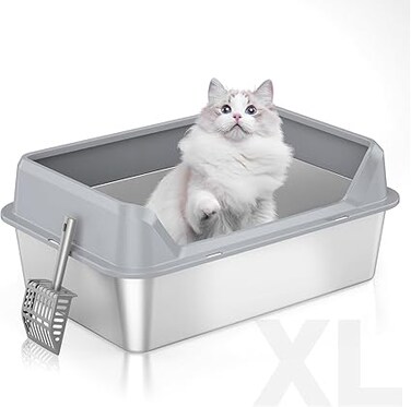 SLEEPHEAD&reg;Stainless Steel Litter Pan with Side Door, Semi-Closed High Fence. Extra Large Anti-splash, Non-slip, Easy to Clean and Comes with A Cat Scooper.