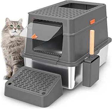 HiHloy Enclosed Stainless Steel Cat Litter Box with Lid, Extra Large Metal Litter Pan Tray with High Wall Sides, Large Scoop Holder, Sloping Pedal, Non-Sticky, Anti-Leakage, Easy Cleaning