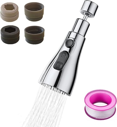 Kitchen Tap Spray Head, 360&deg; Swivel Spout Faucet Extender 3 Modes, High Pressure Water Faucet Sprayer Aerator Attachment, FM22 FM24 G1/2 Kitchen Sink Tap Nozzle Replacement Head with Adapters