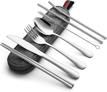 McMola 8 Piece Camping Cutlery Set for 1, Stainless Steel Travel Utensils with Portable Case, Individual Silverware Set Includes Reusable Knife, Fork, Spoon, Straws and Chopsticks
