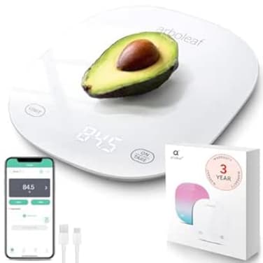 Arboleaf Smart Food Kitchen Scale, 22lb Digital Food Scale with Nutritional Calculator, USB Rechargeable, Smart Weighing with App for Macro, Keto, Calorie, Cooking, Grams and Ounces, 0.1oz/0.5g, White