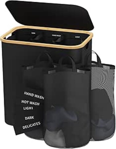 Bathola Laundry Basket with Lid, 160L Clothes Hamper for Laundry Basket 3 Section, Large Laundry Hamper with Removable Bags Collapsible Laundry Room Organization and Storage