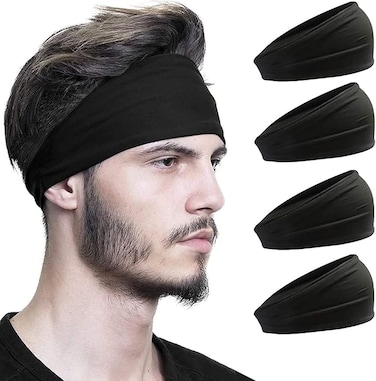 4 Pcs Headbands for Men &amp; Women,Sport Workout Sweat Bands Headbands for Fitness,Running,Cycling,Travel, Moisture Wicking, Elastic Stretch(Black)