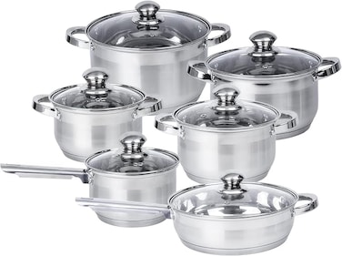 Stainless Steel Cookware Set, 12-Piece, Casseroles, Saucepan, Fry Pan, Ergonomic Handles, All Cooktop Compatible, Dishwasher Safe, Durable, Stylish Kitchen Essentials