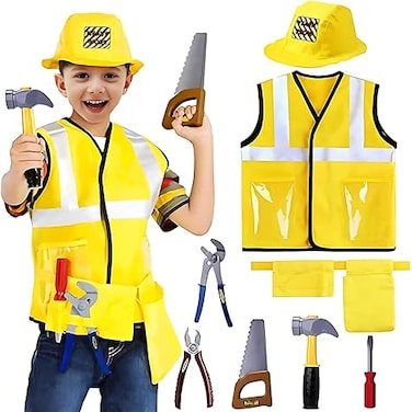 Construction Worker Costume for Boys, Toddler Builder Dressup Set with Tool Belt, Vest &amp; Hat, Role Play Toy Outfit for Kids Construction Hat and Vest, Halloween&amp; Birthday Gift, Ages 3-6 Years