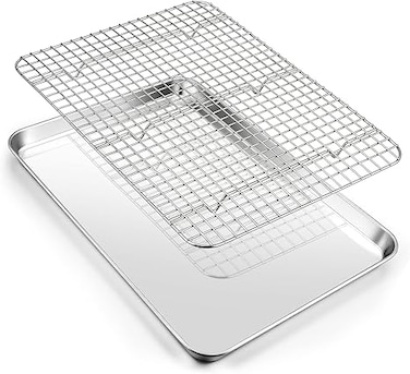 16 Inch Baking Pan with Rack Set, Stainless Steel Oven Sheet Pan Tray with Cooling Rack, For Cookies, Bacons, Meat, Non-toxic &amp; Heavy Duty, Rust-free &amp; Dishwasher Safe - 1 Pan &amp; 1 Rack