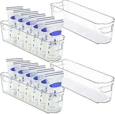 THE WHITE SHOP 4PCS Breastmilk Storage Container, Clear Freezer and Fridge Organizer Bins, Plastic Storage Bins for Breast Milk, Formula, Bottles and Yogurts, 4.3&rsquo;&rsquo; Width, 14.7" Long
