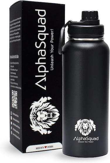 40oz / 1200ml Vacuum Insulated Water Bottle, Double Walled Thermolab series Stainless Steel Water Drinking Flask with Straw Lid, 2 Lids included, Hot Cold Thermos, Sports Bottle (Black)