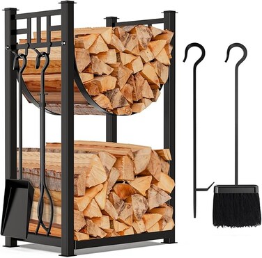 Garden Home 31.6in Large Firewood Rack Fireplace Rack Indoor Bin Log Holder with Fireplace Tool Rack Tall Wood Log Rack Fireside Outdoor Lumber Storage Stacking with Wrought Iron Tools Black