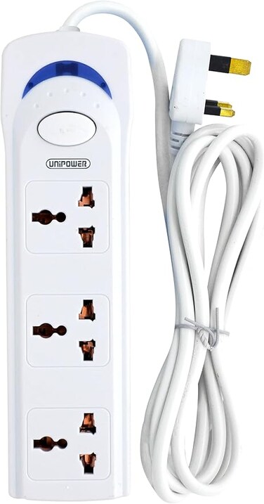 Power Socket with 3 Way Outlets and Extension Cord, 3 Meter Length, White