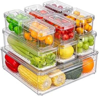 Clear Refrigerator Storage Containers, Stackable Food Organisation Bins with Lids, 10-Piece Set