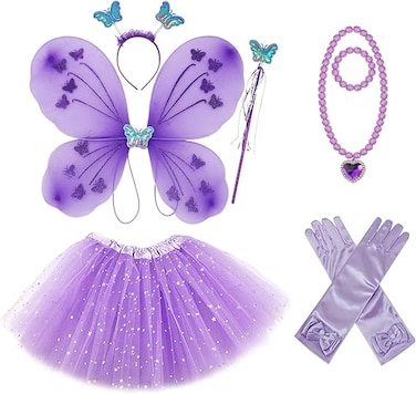 Fairy Costume Fancy Dress Up Butterfly Costume Sets with Tutu Dress, Butterfly Wing, Headband,Wand Costume Set for 3-8 Years Girls