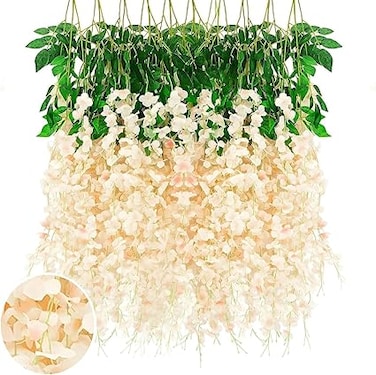 GHAKKE 24 PCS Wisteria Hanging Artificial Flower Strings, Wisteria Vine Lata Hanging Garland for Wedding Arch Party Garden Home Decor Wall Decor Wedding Home Party (Champagne)