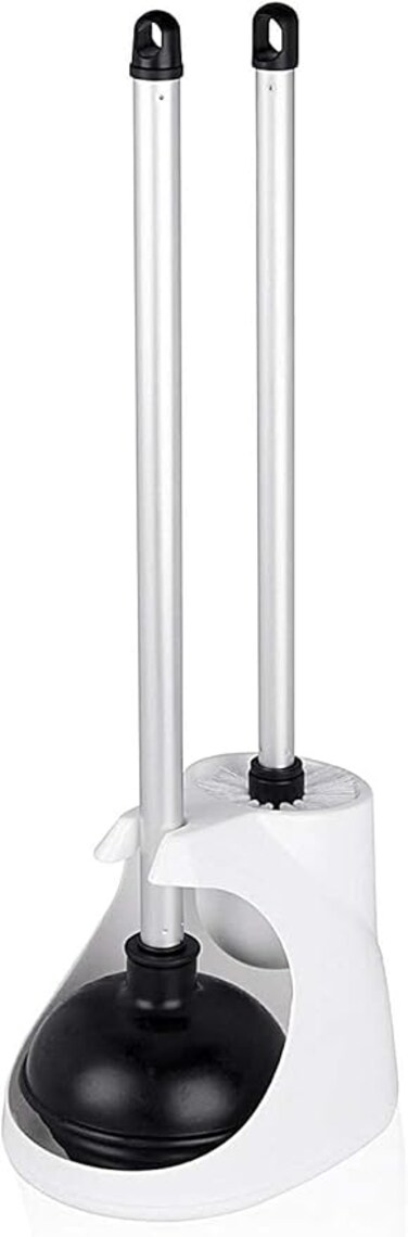 Toilet Plunger and Brush Combo Caddy Set, Aluminum Handles   White Canister Base