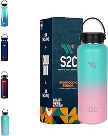 S2C 1200ML Insulated Water Bottle with 3 Lids, Double Wall,Leak Proof, Stainless Steel Bottle With Straw For Gym, Water Bottle Thermos Flask for Hot Water (BUBBLE GUM)
