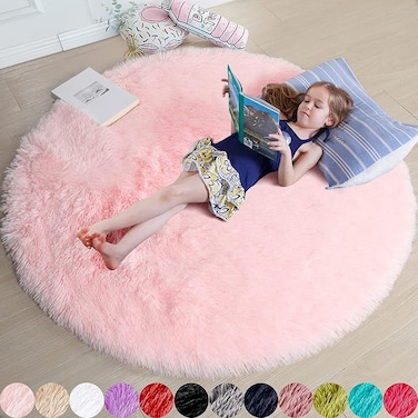 Pink Round Rug for Bedroom,Fluffy Circle Rug 1.2mX1.2m for Kids Room,Furry Carpet for Teen Girls Room,Shaggy Throw Rug for Nursery Room,Fuzzy Plush Rug for Dorm,Pink Carpet,Cute Room Decor for Baby