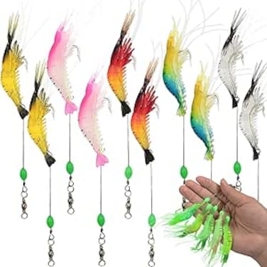 10 pcs Soft Luminous Shrimp Lure Set, Premium Soft Shrimp Fishing Tackle with Luminous Sharp Hooks, for Freshwater Saltwater Bass Trout Catfish Salmon