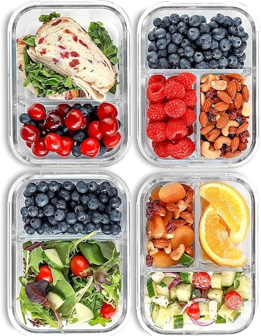 Fit Strong &amp; Healthy Glass Meal Prep Containers 2 and 3 Compartments (4 Pack, 32 oz) - Glass Food Storage Containers with Lids, Glass Bento Box, Portion Control, Airtight, Oven Safe