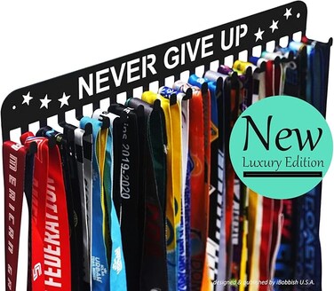 Medal Display Hanger Never Give Up with 20 Hooks,Medal Hanger Display For Wall with 16inchL,race medal display Upgraded Medal Holder display with Simple Design For gymanstics,race,soccer,swim
