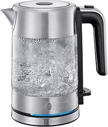 Russell Hobbs Illuminating Glass Electric Kettle, (24191) 2200W with Auto Shut Off &amp; Removable Mesh Filter, Compact &amp; Powerful Stainless Steel Kettle for Home and Office Use - 1-Year Warranty