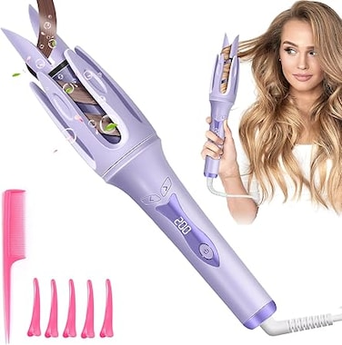 Automatic Hair Curler, 32mm Anti-Scald Curling Iron, Auto Rotating Curling Wand Set With LCD Display, 4 Level Temperature Adjustment, Anti-Stuck, Quick Heating, With 5 Hair Clips &amp; 1 Comb（Purple）