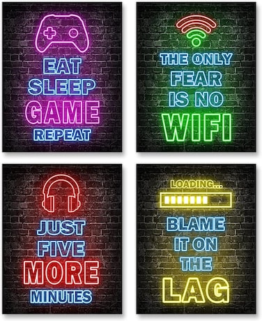 Simimi art Printed Neon Gaming Posters Set of 4 (8&acirc;&euro; X 10&acirc;&euro;), Boys Room Decorations for Bedroom,Video Game Wall Art,Gamer, Teen boy bedroom, game room, No Frames