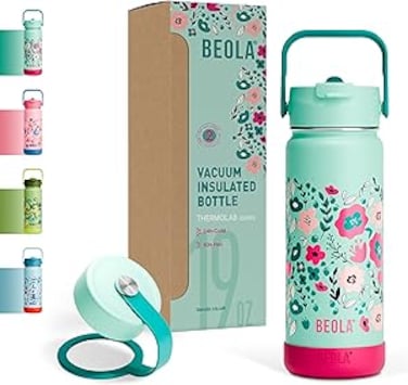 BEOLA 550ml Kids Water Bottle 18/8 Stainless Steel Double Wall Insulated Thermos Bottle with Straw Lid and Wide Mouth, Hot Cold Liquids Sports School Bottle (19oz, Ever Blooming)