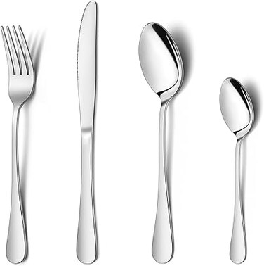 E-far 24-Piece Silverware Set, Stainless Steel Flatware Cutlery Set Eating Utensils for 6, Spoons Forks Knives to Home Kitchen, Tableware for Dinner, Simple Design &amp; Mirror Finish, Dishwasher Safe