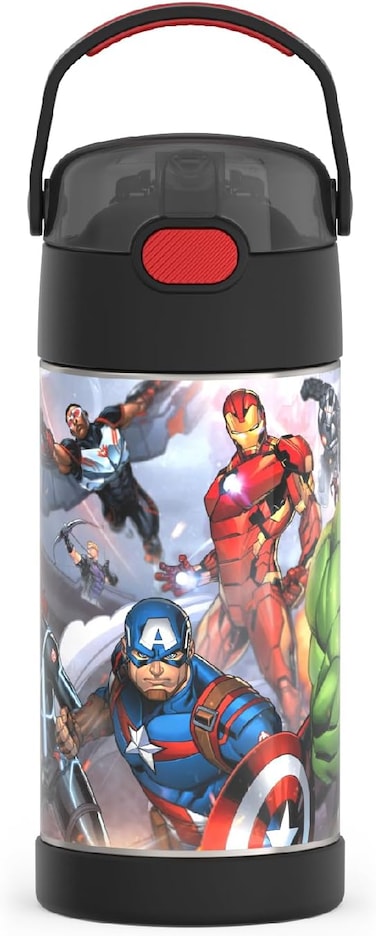 FUNTAINER Water Bottle with Straw - 12 Ounce - Kids Stainless Steel Vacuum Insulated Water Bottle with Lid, Avengers